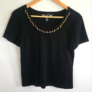 Vintage Knit De Knit Beaded Fringe Neckline Short Sleeves Black Women's Tee M
